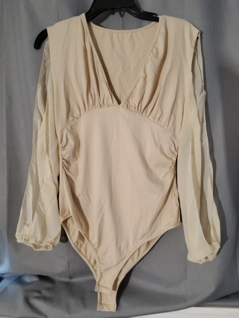 SHEIN Beige V-Neck Sheer Long Sleeve Bodysuit